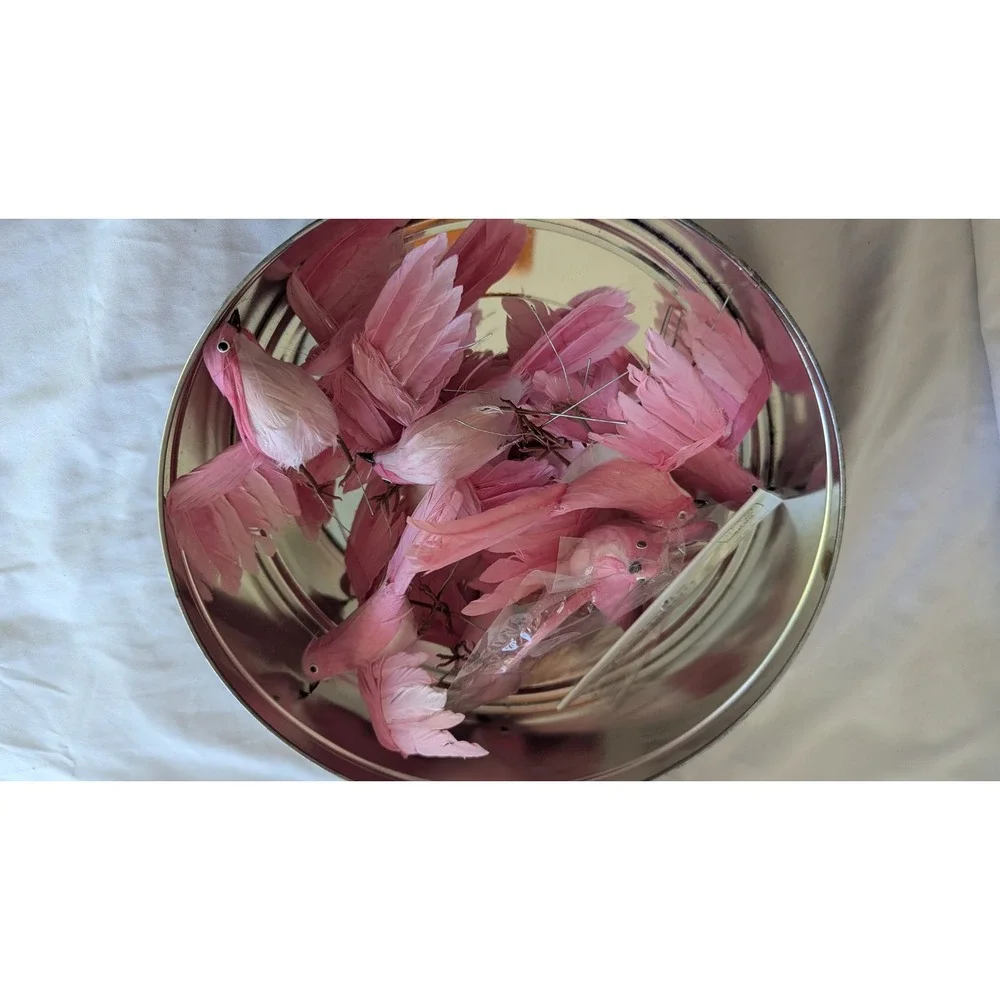Vintage Montgomery Ward Pink Feather Bird Ornaments in Cookie Tin